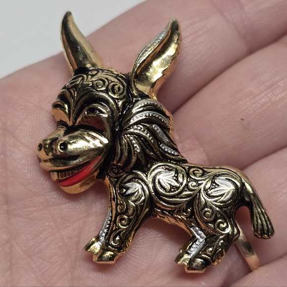 Vintage Damascene Laughing Donkey Brooch Pin Black Gold Silver Toledo Spain - Picture 2 of 8
